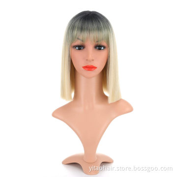 Anogol Cheap Ombre color black root Blonde Synthetic hair Bob Wigs With Bangs two tone ombre sik straight synthetic hair  wigs